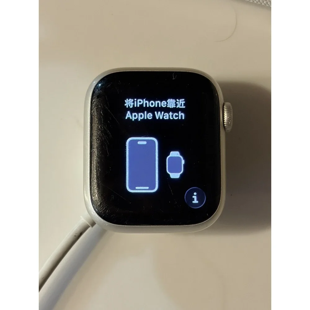 Apple Watch Series 7 41MM Silver Aluminum Case Starlight Sport Band See Descrip*